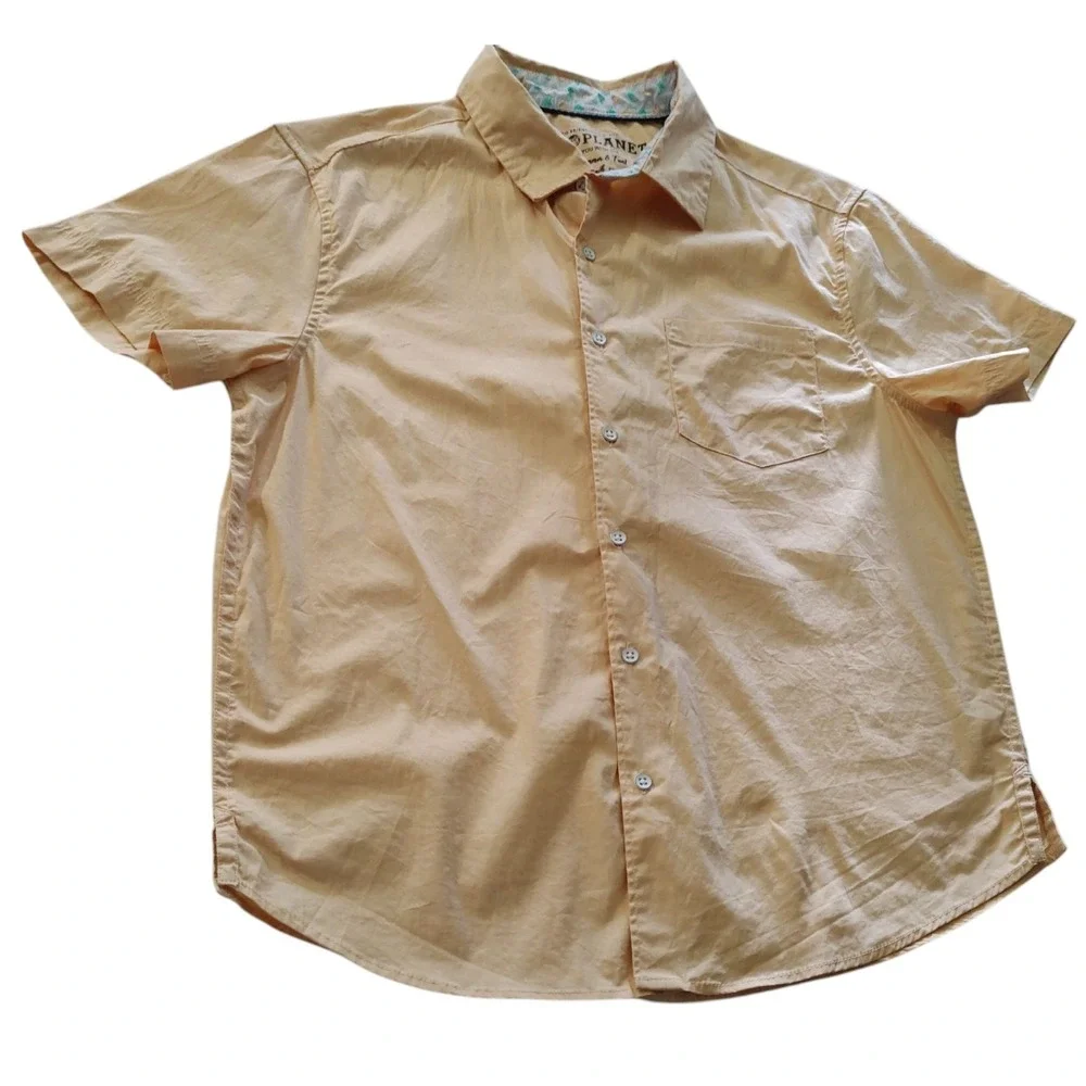 Free Planet Peach Shirt Woven Button Front Short Sleeves Cotton Mens Size Medium